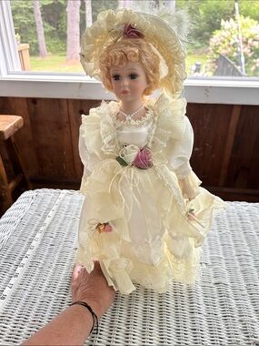 Porcelain Fashion Doll in Cream Dress with Pink Rose Accents
